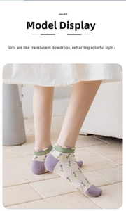 Detail of floral patterned cotton ankle socks with purple flowers and green wavy cuffs
