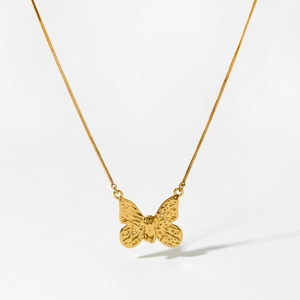 Golden 3D butterfly pendant necklace with minimalist textured square snake chain link