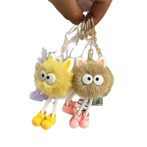 Plush charcoal ball keychain set with big eyes and colorful plastic shoes for bags
