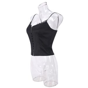 Detail of black lace trim camisole featuring front buttons and corset style bodice