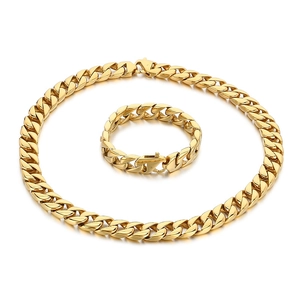 15mm gold stainless steel Cuban link chain necklace and bracelet jewelry set for men