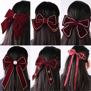 Large Red Velvet Bow Hair Clip For Women Elegant Vintage Ribbon Hairpin With Rhinestone Artificial Pearl Accents For Party Wedding