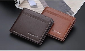 Detail of slim men's bi-fold wallets in coffee and brown leather with embossed logo