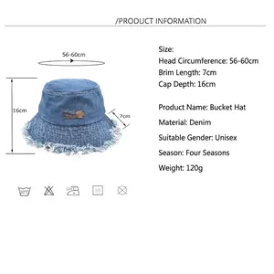 Blue frayed edge denim bucket hat with size chart specifications for sun protection
