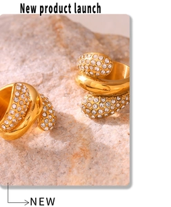 Detailed view of layered 18K gold plated ring with micro-pave zirconia on stone