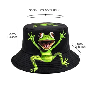 Black cotton bucket hat with green cartoon frog print and sun protection features