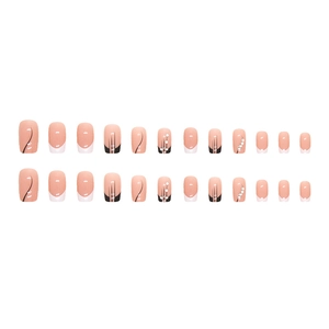 Faux ongles French avec lignes noires minimalistes et décorations élégantes en perles