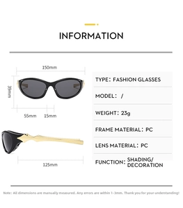 Detailed sizing chart for Y2K fashion cycling sunglasses with PC frame measurements