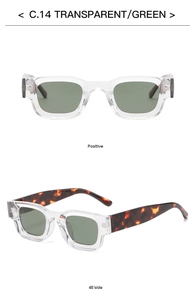 Retro square polarized sunglasses with transparent frames and green lenses detail