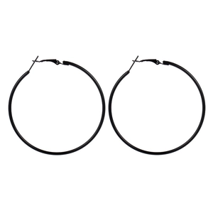 Detailed macro view of pair of minimalist matte black oversized hoop earrings with secure clasp
