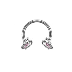 Silver horseshoe ring featuring intricate pink butterfly charms made of surgical steel