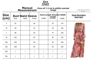 Detailed size chart for floral print summer maxi dress showing bust and length in centimeters