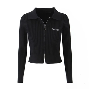 Cardigan Court En Maille Côtelée Femmes Manches Longues Col Polo Coupe Ajustée Double Fermeture Éclair Haut Broderie Lettres