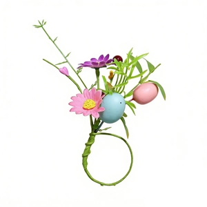 Easter napkin ring featuring colorful eggs, pink daisies, and green leaves on white background