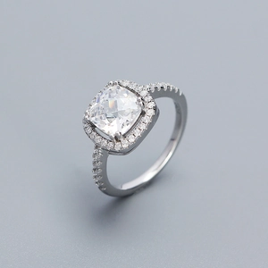 Elegant S925 sterling silver ring with large cushion-cut zircon and halo pave setting