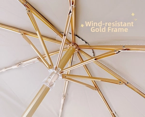 Detail of the windproof gold metal umbrella frame with reinforced support structure
