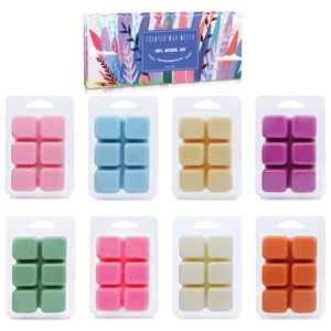 Detail view of 8 colored soy wax melt sets in blister packs with floral paper box