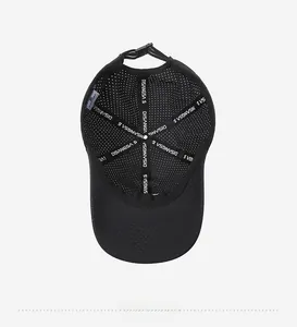 Detail view of the breathable mesh interior with reinforced branded lining on baseball cap