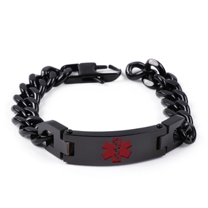Men's black stainless steel medical alert bracelet with red Star of Life on Cuban chain