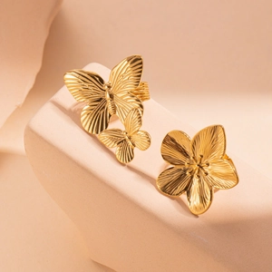 Stainless Steel Rings For Women Men Adjustable Open Ring Vintage Filigree Butterfly Ginkgo Leaf Flower Lava Texture