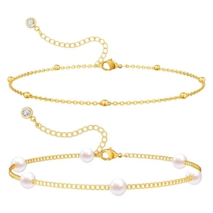 Elegant gold beaded chain and white pearl bracelet set with adjustable lobster clasp