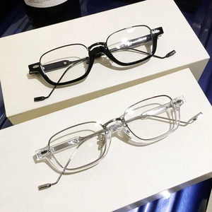 Retro square semi-rimless sunglasses in black and clear colors with metal rivet details