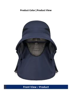 Vista frontale del cappello da sole blu navy con maschera traspirante e protezione collo