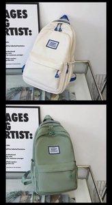Detail view of large-capacity nylon backpacks in white and green with multi-pocket storage