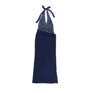 Detail of the navy blue evening dress showing the halter neck and intricate lace stitching