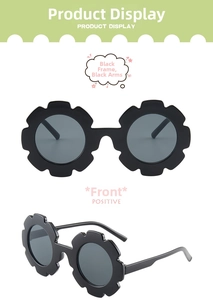 Front and side view of black flower-shaped kids sunglasses with UV protection frames
