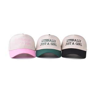 Three cotton baseball caps with Literally Just A Girl embroidery in pink, green and black