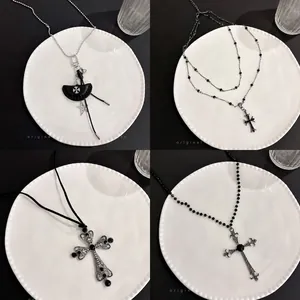 Collana Con Ciondolo A Croce Gotica Lega Multistrato Strass Y2K Punk Estetica Gioielli Per Donna