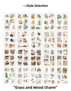 Macro display of retro PET stickers collection featuring botanical and vintage motifs