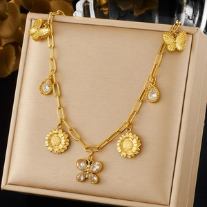 Butterfly Sunflower Pendant Necklace Stainless Steel Gold Plated Teardrop Zircon Charm Jewelry For Women