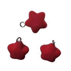 Three red flocked star pendants with silver metal loops for DIY jewelry making and crafts