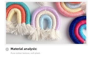 Detail of handmade macaron cotton rope rainbow charms with natural fringe tassels