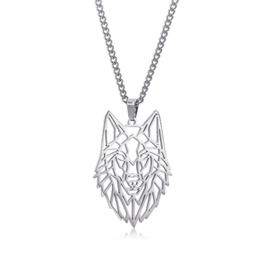 Detailed view of silver stainless steel necklace with geometric hollow wolf head pendant