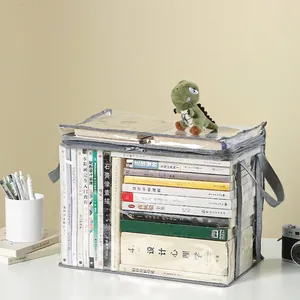 Transparent PVC Book Storage Bag Foldable Clear Organizer Bin With Handles Waterproof Dustproof Student Dormitory