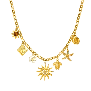 Gold stainless steel necklace with ocean charms including turtle starfish and nautilus