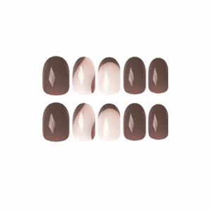 Brown and cream short round press-on nails with french tip and solid glossy finish