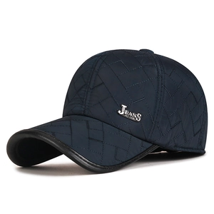 Men's navy blue quilted winter baseball cap with ear flaps and metal jeans logo badge