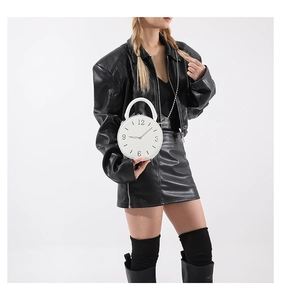 Fashionable white round PU handbag with unique clock dial design and metal chain strap