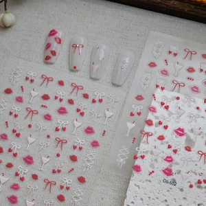 Detailed 5D embossed nail stickers featuring red lips, bows and cocktail glass patterns