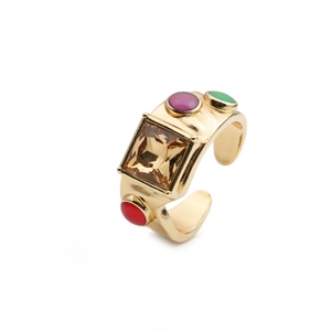 Vintage bohemian style 18K gold plated ring with large champagne square zircon