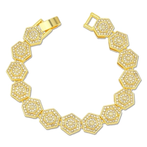 Men's geometric gold bracelet with hexagon links and full crystal inlay on white background
