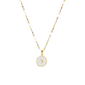 Gold stainless steel necklace featuring a moon pendant on a minimalist lip link chain