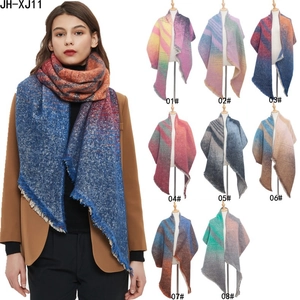 Thick striped knit shawl wrap with fringe tassels in eight gradient color options