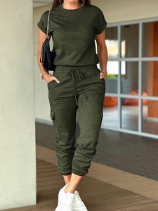Detail view of army green short sleeve tee and drawstring cargo pants two-piece set