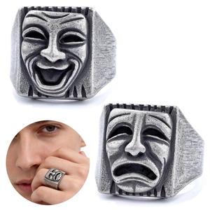 Drama Mask Ring Stainless Steel Vintage Oxidized Comedy Tragedy Face Punk Gothic Hip Hop Jewelry For Men