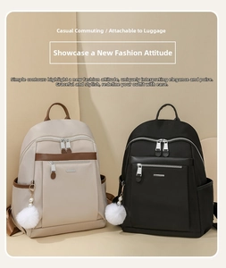 Detail of high-density nylon backpack showing luggage strap for convenient travel use
